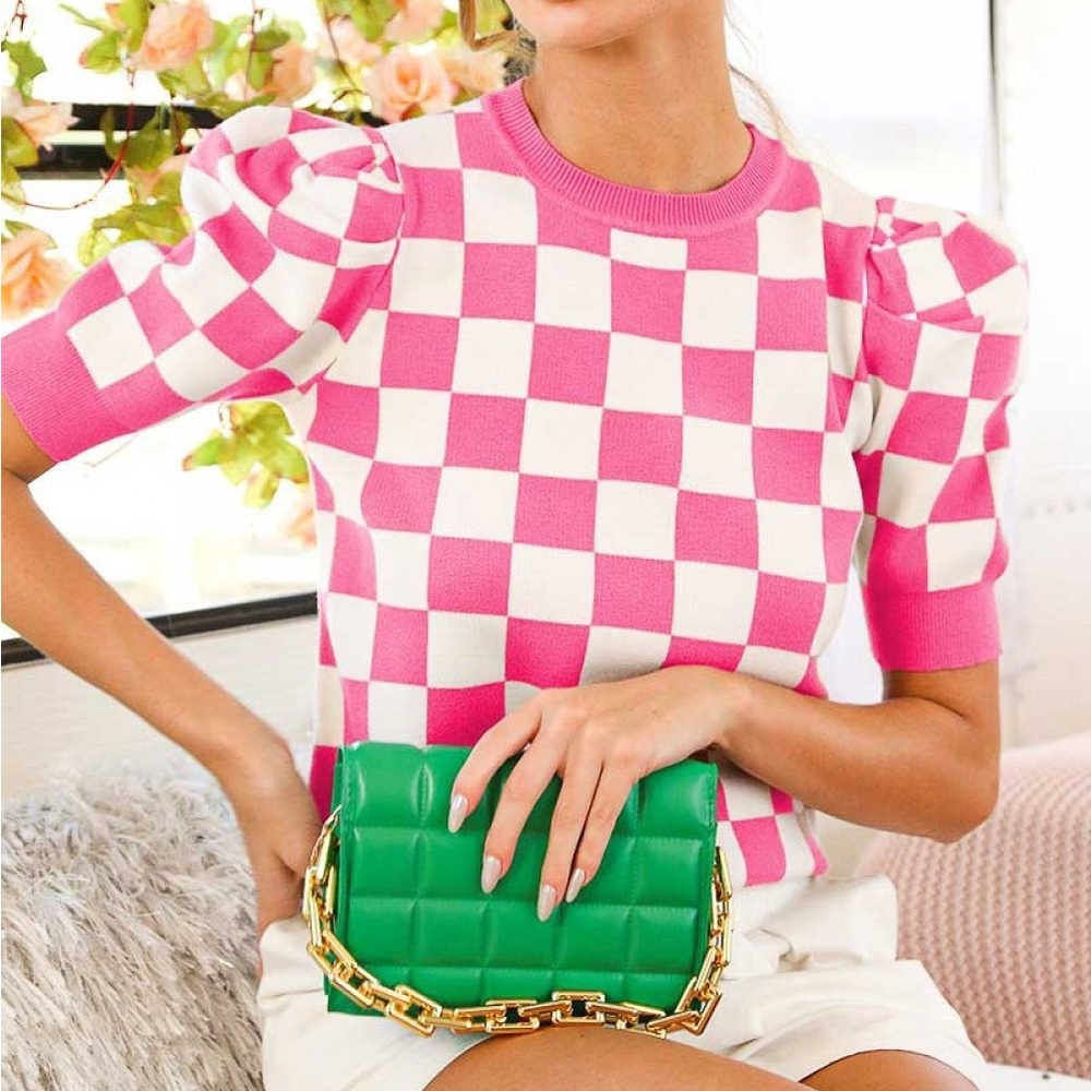 NWT Pink Checkerboard Puff Sleeve Knit Top